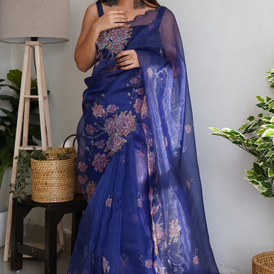 Navy Blue Organza Saree