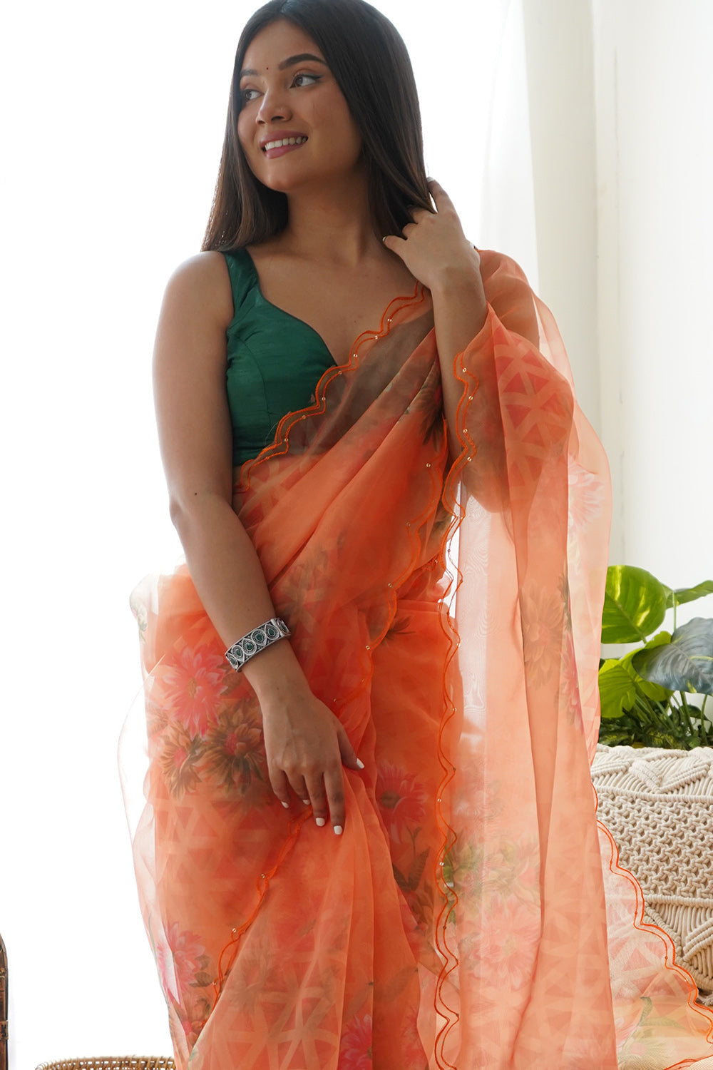 Peach Orange Organza Saree