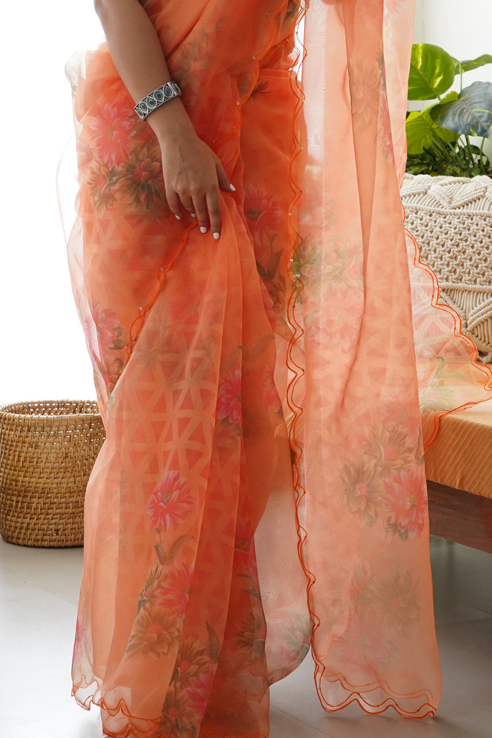 Peach Orange Organza Saree