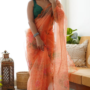 Peach Orange Organza Saree