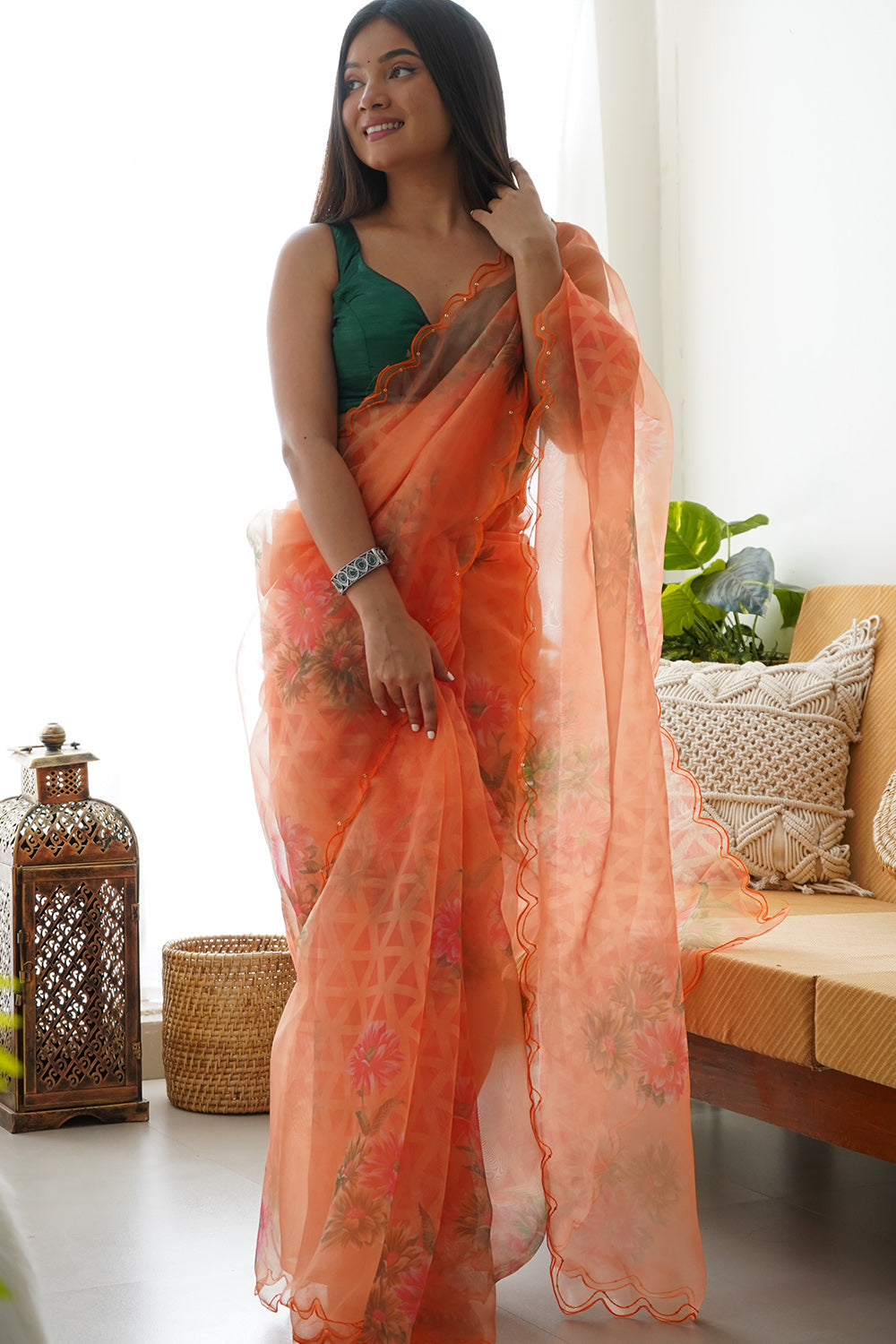 Peach Orange Organza Saree