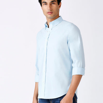 Solid Slim Fit Sky Blue Casual Shirt