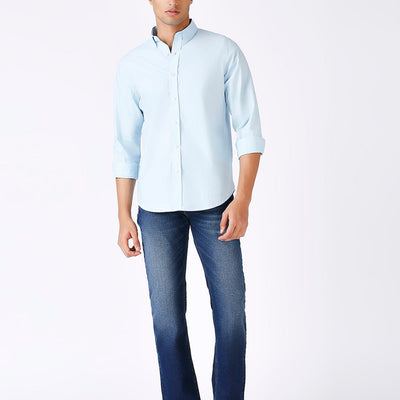Solid Slim Fit Sky Blue Casual Shirt