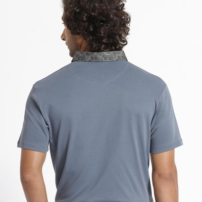 Rare Rabbit Men's Ringer-1 Grey Cotton Fabric Printed Collar Neck Half Sleeves Polo T-Shirt