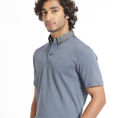Rare Rabbit Men's Ringer-1 Grey Cotton Fabric Printed Collar Neck Half Sleeves Polo T-Shirt