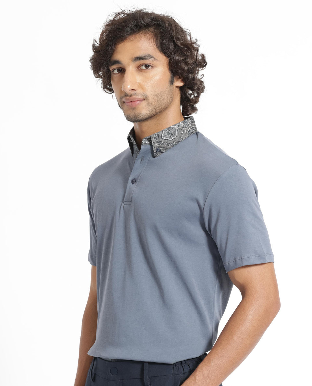 Rare Rabbit Men's Ringer-1 Grey Cotton Fabric Printed Collar Neck Half Sleeves Polo T-Shirt