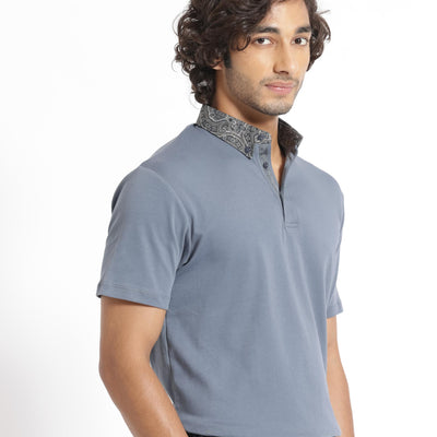 Rare Rabbit Men's Ringer-1 Grey Cotton Fabric Printed Collar Neck Half Sleeves Polo T-Shirt