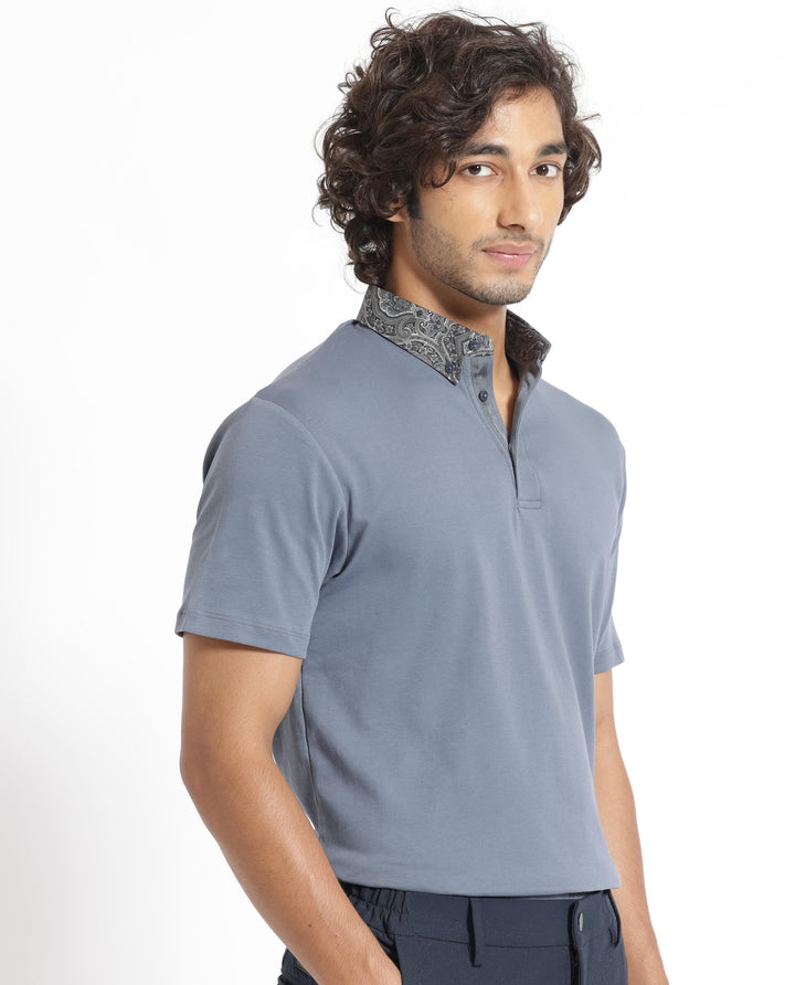 Rare Rabbit Men's Ringer-1 Grey Cotton Fabric Printed Collar Neck Half Sleeves Polo T-Shirt