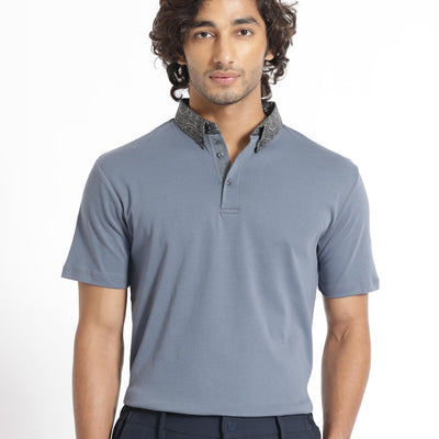 Rare Rabbit Men's Ringer-1 Grey Cotton Fabric Printed Collar Neck Half Sleeves Polo T-Shirt