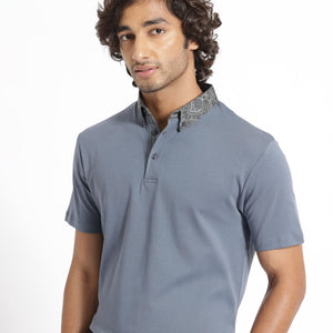 Rare Rabbit Men's Ringer-1 Grey Cotton Fabric Printed Collar Neck Half Sleeves Polo T-Shirt