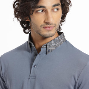 Rare Rabbit Men's Ringer-1 Grey Cotton Fabric Printed Collar Neck Half Sleeves Polo T-Shirt