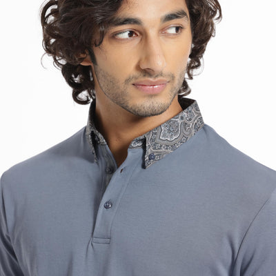 Rare Rabbit Men's Ringer-1 Grey Cotton Fabric Printed Collar Neck Half Sleeves Polo T-Shirt