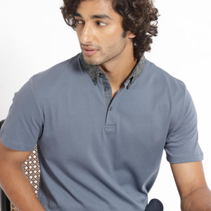 Rare Rabbit Men's Ringer-1 Grey Cotton Fabric Printed Collar Neck Half Sleeves Polo T-Shirt