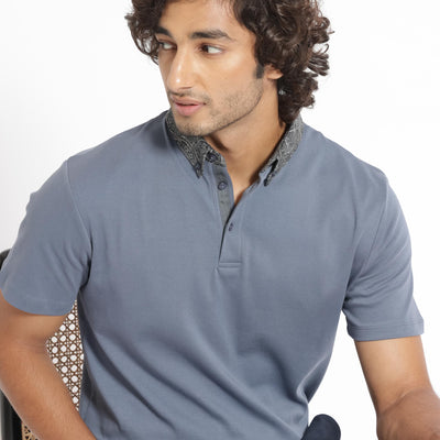 Rare Rabbit Men's Ringer-1 Grey Cotton Fabric Printed Collar Neck Half Sleeves Polo T-Shirt