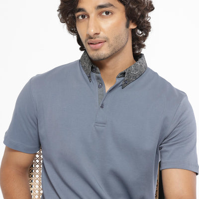Rare Rabbit Men's Ringer-1 Grey Cotton Fabric Printed Collar Neck Half Sleeves Polo T-Shirt