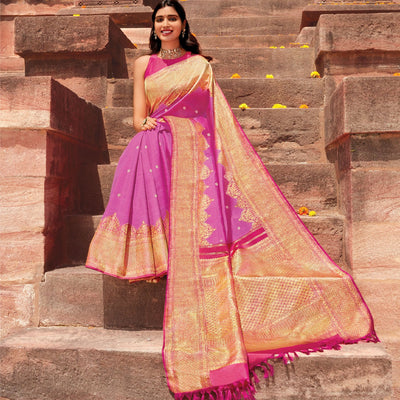 Candy Pink Handloom Korvai Silk Saree With Running Border
