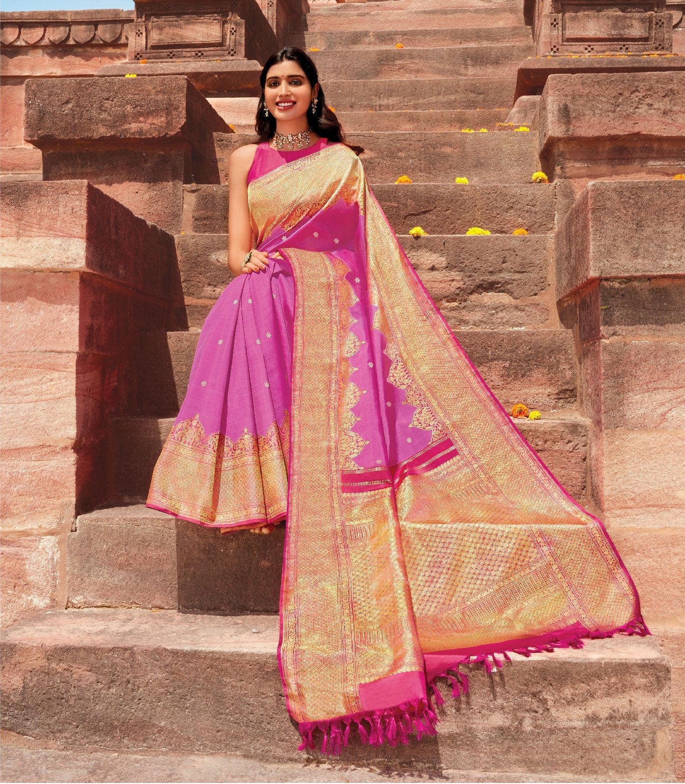 Candy Pink Handloom Korvai Silk Saree With Running Border