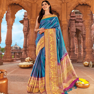 Cyan Handloom Silk Saree With Chevron Motifs & Kalamkaari Horse Motifs