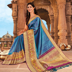 Cyan Handloom Silk Saree With Chevron Motifs & Kalamkaari Horse Motifs