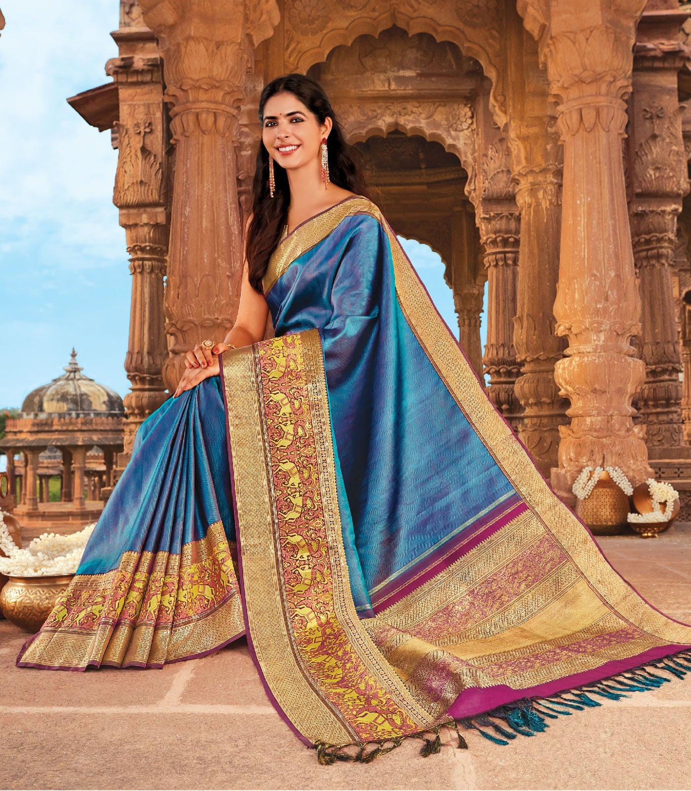 Cyan Handloom Silk Saree With Chevron Motifs & Kalamkaari Horse Motifs