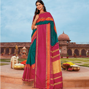 Viridian Handloom Korvai Silk Saree With Contrast Crimson Border