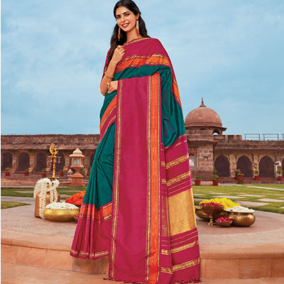 Viridian Handloom Korvai Silk Saree With Contrast Crimson Border
