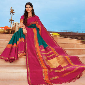 Viridian Handloom Korvai Silk Saree With Contrast Crimson Border