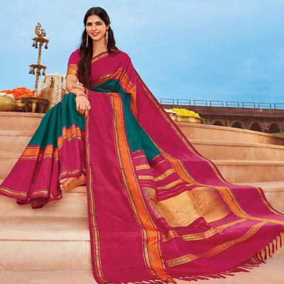 Viridian Handloom Korvai Silk Saree With Contrast Crimson Border