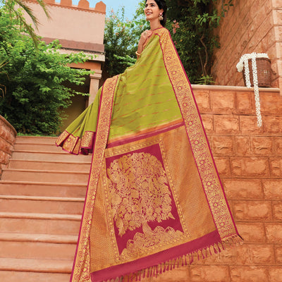 Pastel Green Handloom Natural Dyed Silk Saree With Tree of Life Pallu