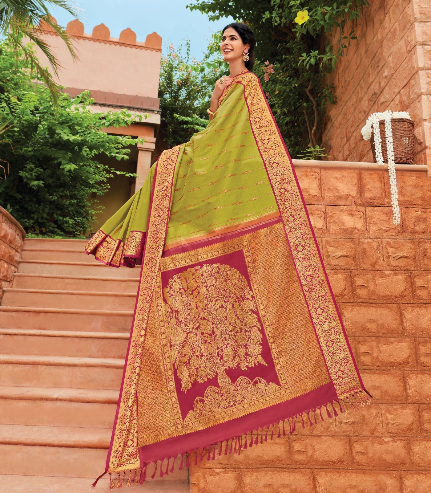 Pastel Green Handloom Natural Dyed Silk Saree With Tree of Life Pallu