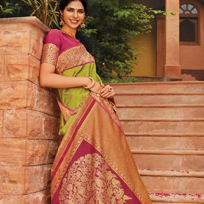 Pastel Green Handloom Natural Dyed Silk Saree With Tree of Life Pallu