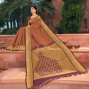 Rustic Brown  Handloom Natural Dyed Silk Saree With 99 Flowers On Pallu