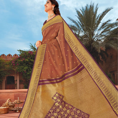 Rustic Brown  Handloom Natural Dyed Silk Saree With 99 Flowers On Pallu