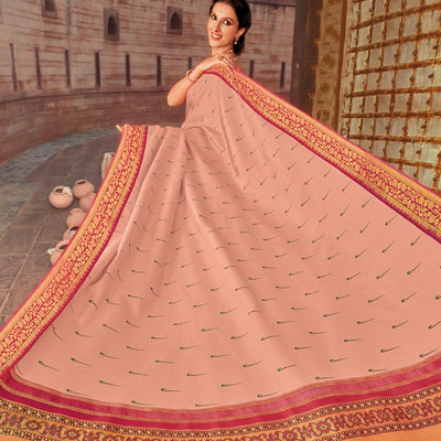 Peach Fuzz Handloom Natural Dyed Silk Saree With Muniya Buttas