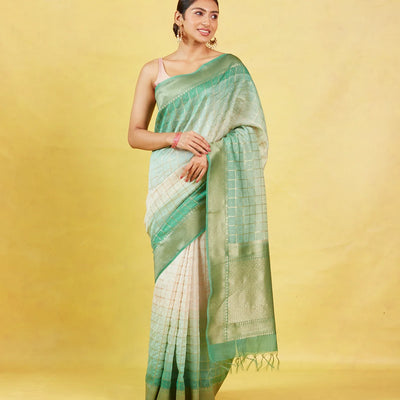 Off White Handloom Banarasi Silk Cotton Saree With Zari Checks