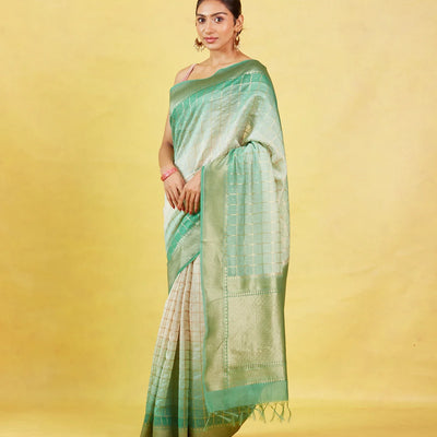 Off White Handloom Banarasi Silk Cotton Saree With Zari Checks