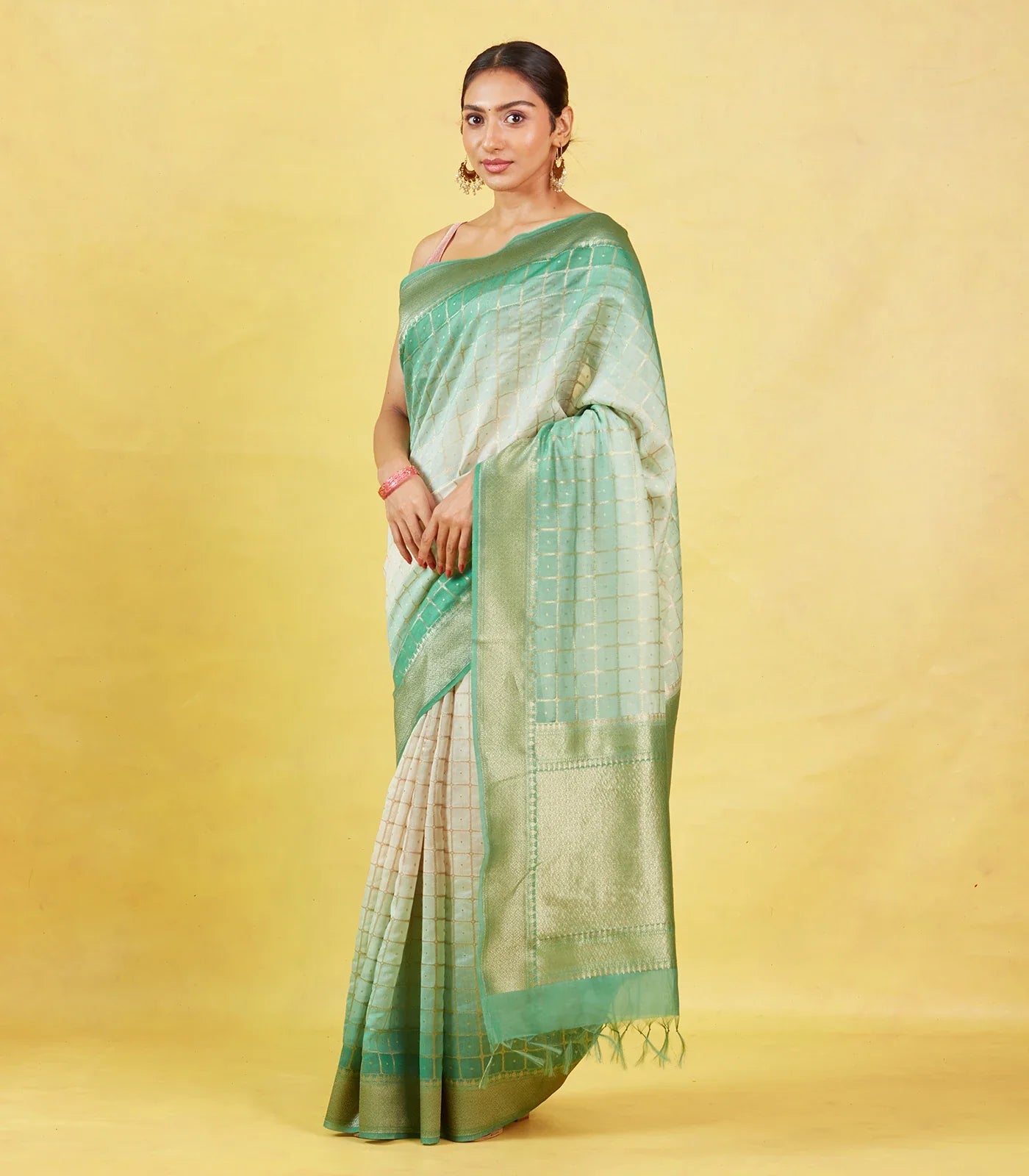 Off White Handloom Banarasi Silk Cotton Saree With Zari Checks