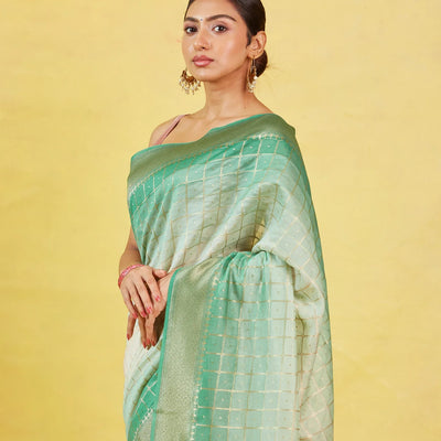 Off White Handloom Banarasi Silk Cotton Saree With Zari Checks