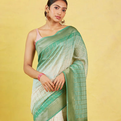 Off White Handloom Banarasi Silk Cotton Saree With Zari Checks