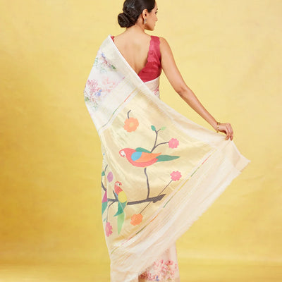 Baby Pink Crepe Silk Saree Is Printed With Floral Motifs