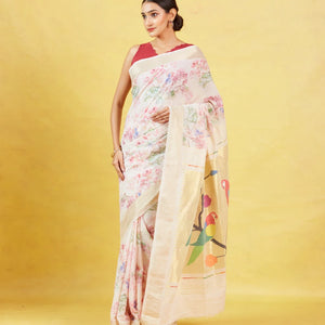 Baby Pink Crepe Silk Saree Is Printed With Floral Motifs