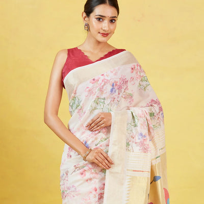 Baby Pink Crepe Silk Saree Is Printed With Floral Motifs