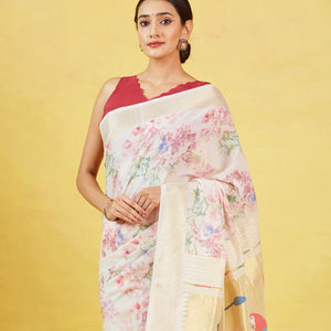 Baby Pink Crepe Silk Saree Is Printed With Floral Motifs