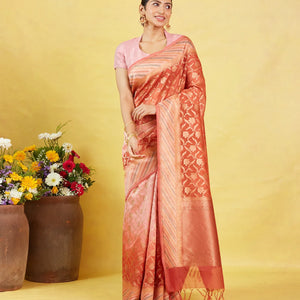 Baby Pink Handloom Banarasi Silk Cotton Saree With Floral Motifs