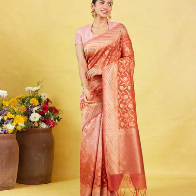 Baby Pink Handloom Banarasi Silk Cotton Saree With Floral Motifs