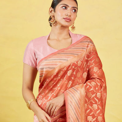 Baby Pink Handloom Banarasi Silk Cotton Saree With Floral Motifs