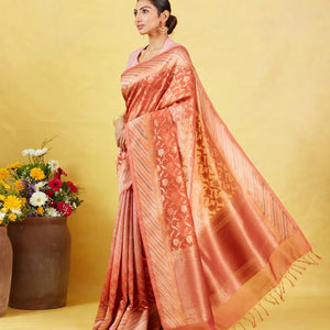 Baby Pink Handloom Banarasi Silk Cotton Saree With Floral Motifs