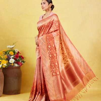 Baby Pink Handloom Banarasi Silk Cotton Saree With Floral Motifs