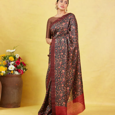 Dark Grey Handloom Tussar Silk Saree With Printed With Floral Motifs