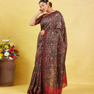 Dark Grey Handloom Tussar Silk Saree With Printed With Floral Motifs